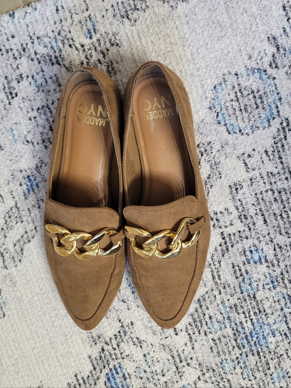 Steve Madden Brown Suede Pointed Loafers with Gold Chain